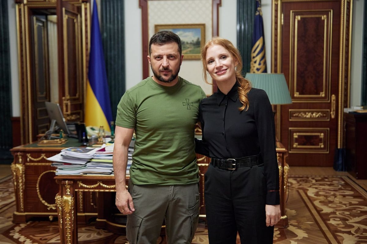 Ukrainian President Volodymyr Zelensky praises Jessica Chastain for her support and visit to war-torn country