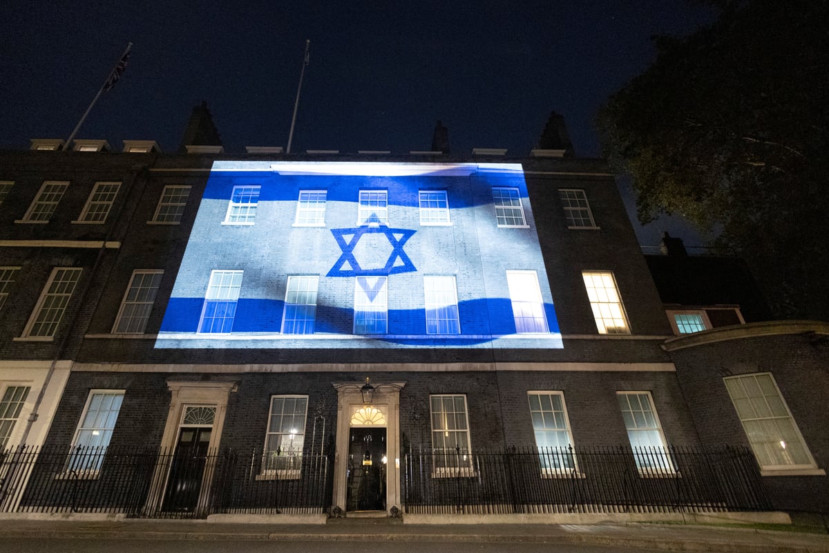 Landmarks around the world lit up in blue and white in solidarity with Israel