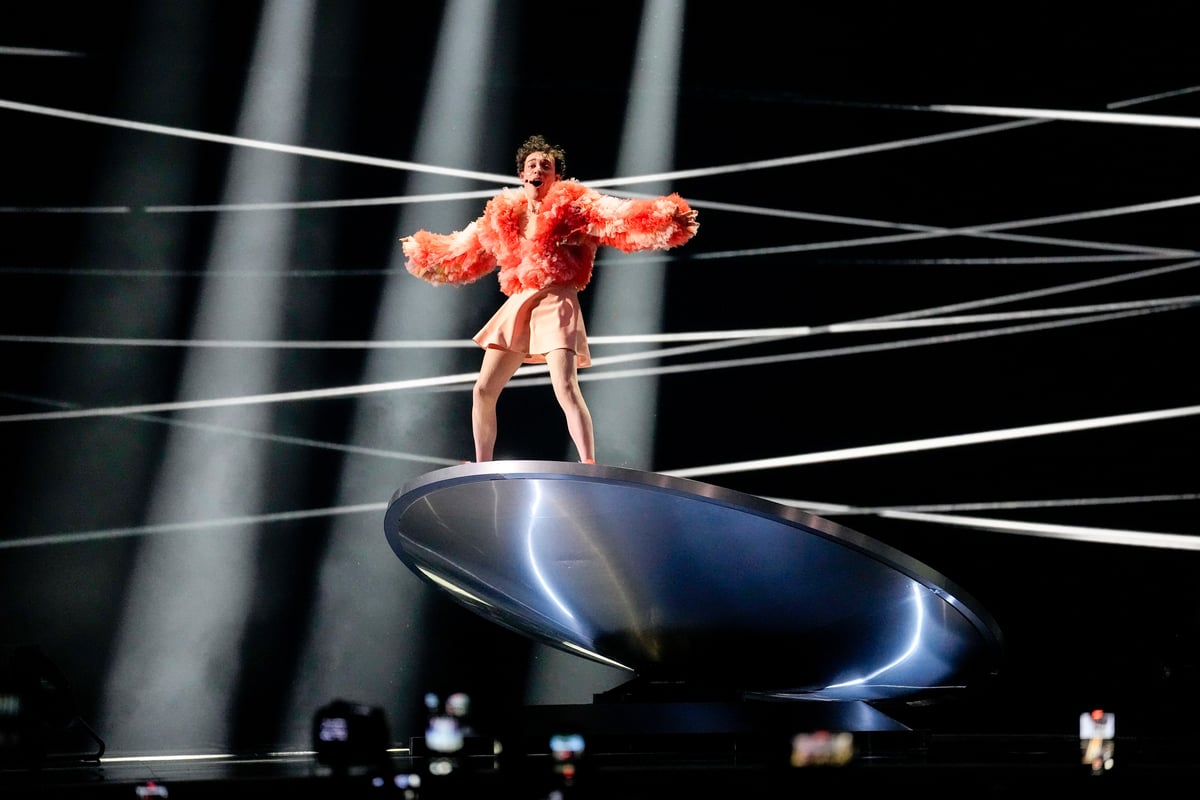 Switzerland’s Nemo balances on metal disc during Eurovision performance