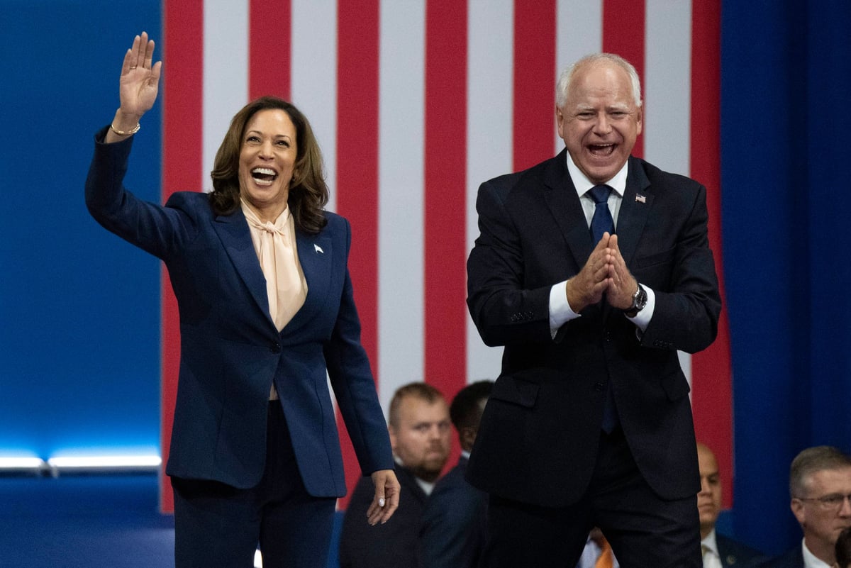 Kamala Harris and Tim Walz taunt rival Donald Trump at first rally