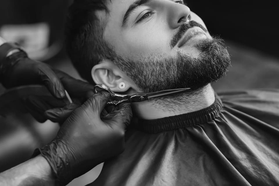 Professional hairdresser working with bearded client
