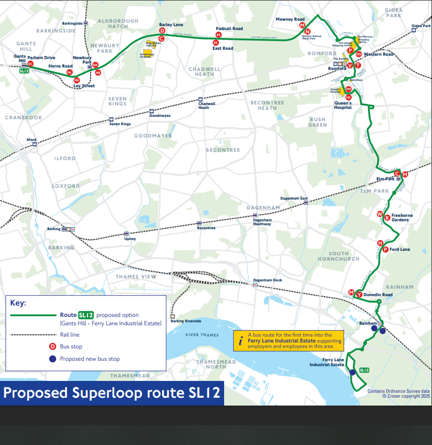 Full route map of the proposed SL12 service from Gants Hill to Rainham