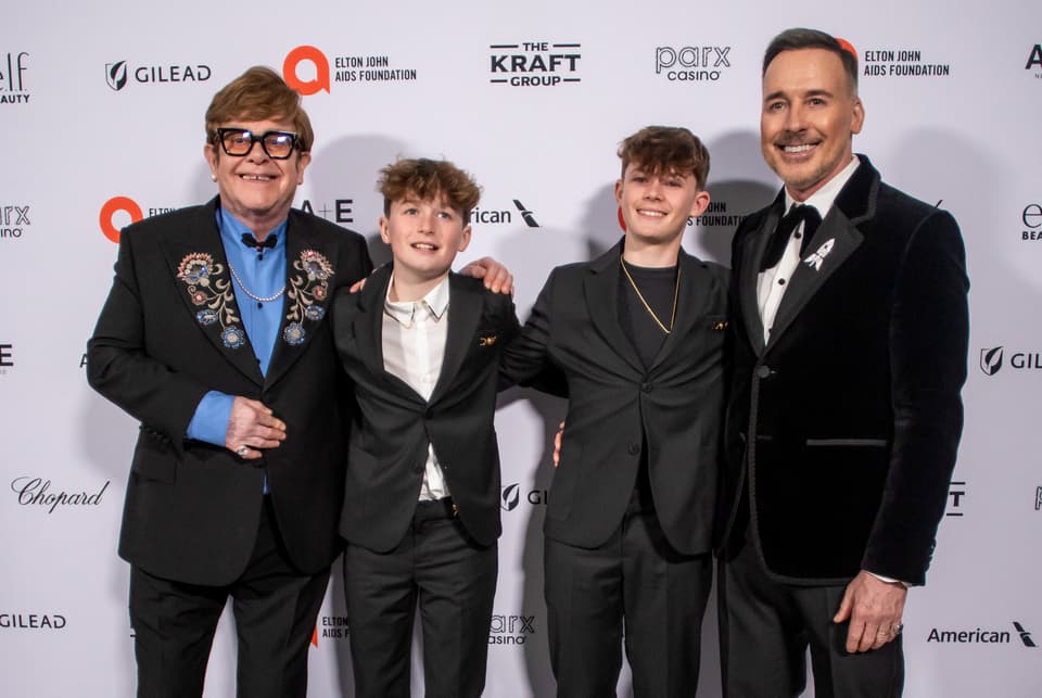 Elton John and his partner David Furnins pose with their sons Zachary Jackson Furnish