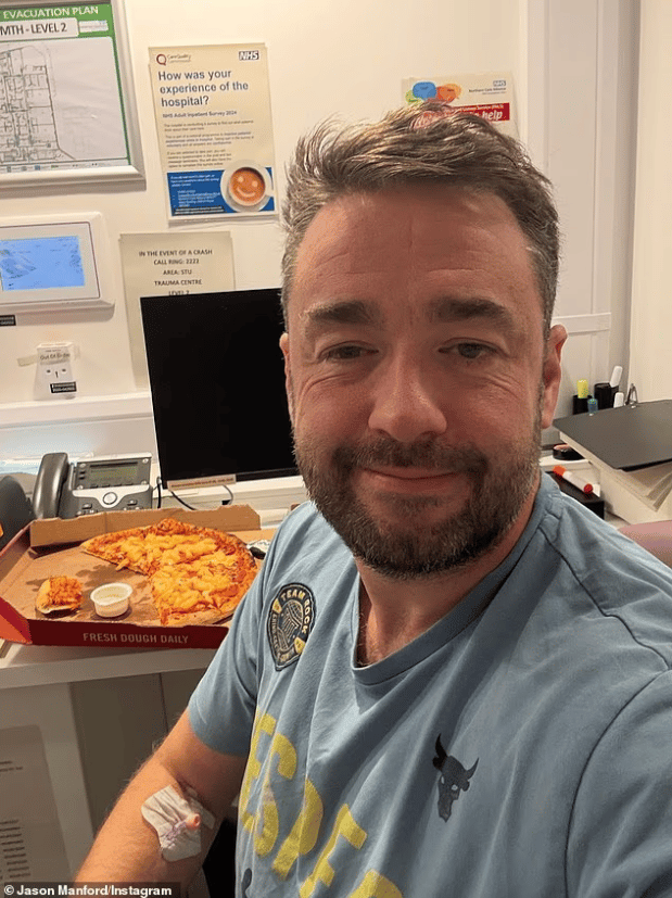 Jason tucked into takeaway pizza as he recovered from surgery