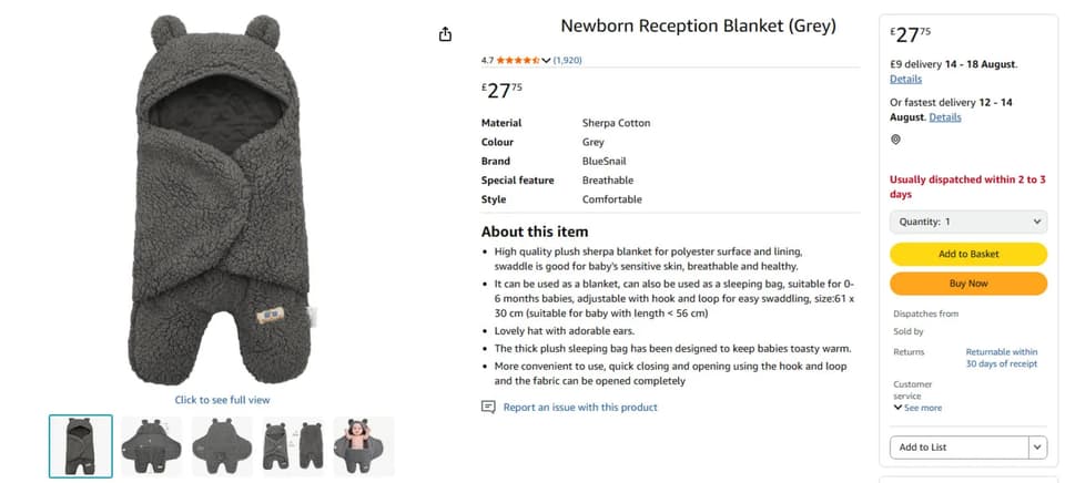 Baby sleeping bag on Amazon
