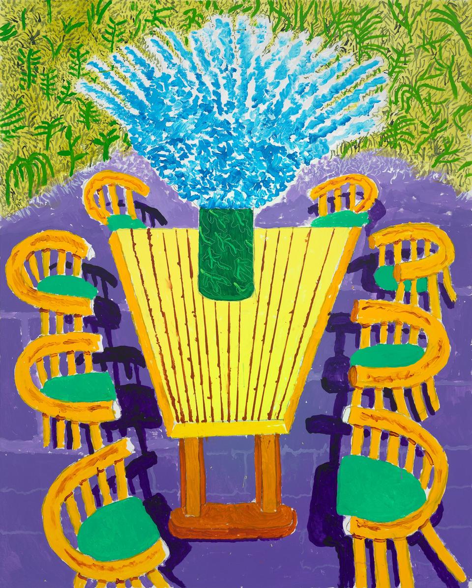 David Hockney Delphiniums on My Garden Table, 13 July 2025
