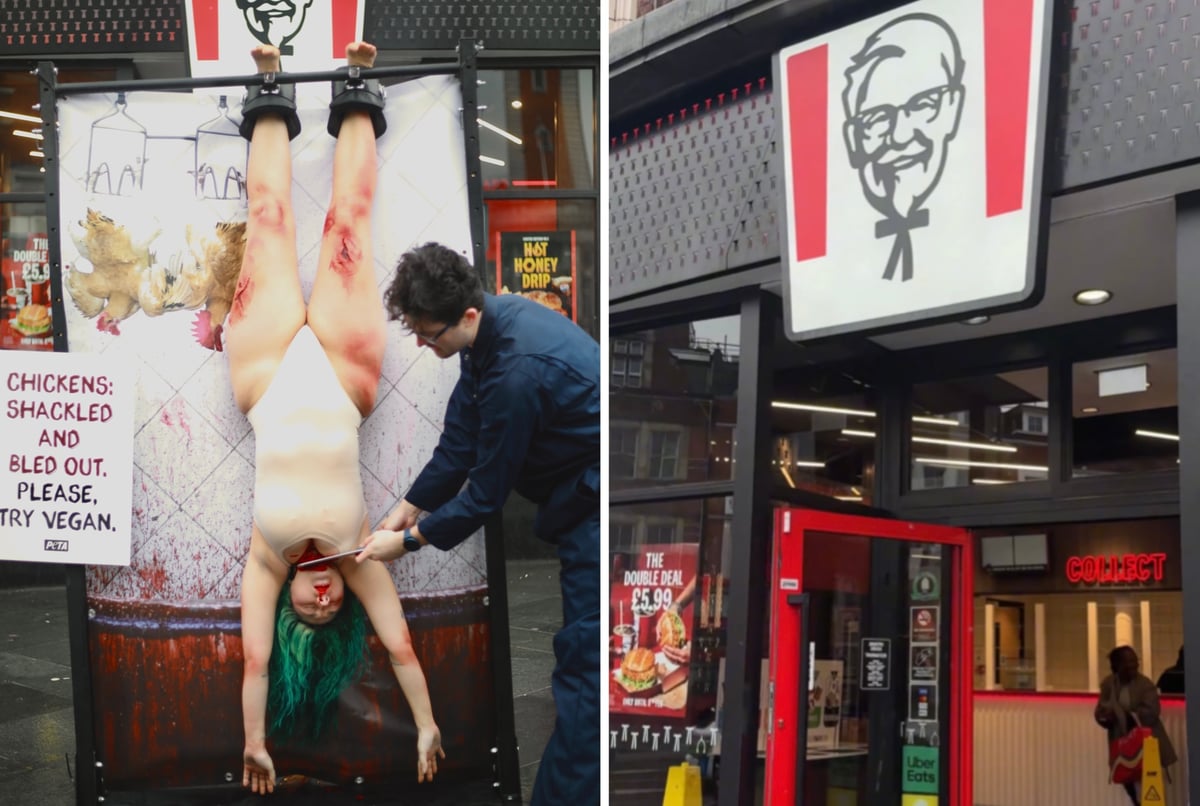 Animal rights stunt sees woman’s throat ‘slit’ outside London KFC