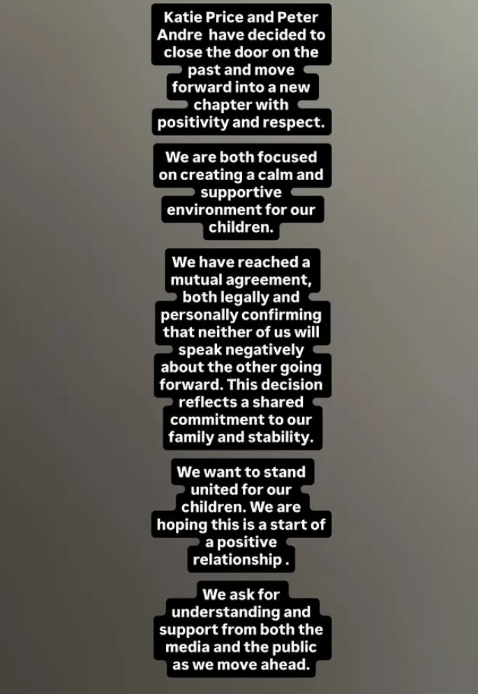 Katie Price Peter Andre statement legal agreement 