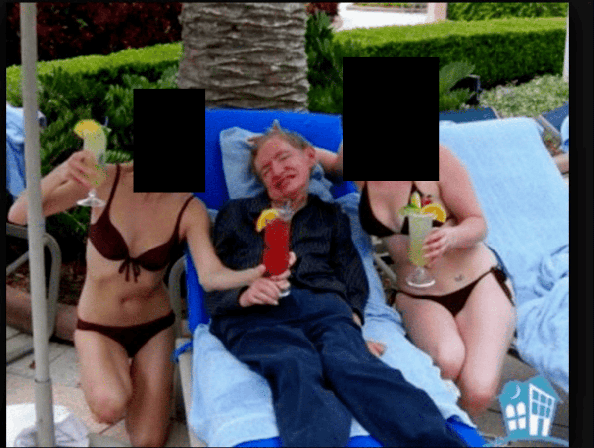 Stephen Hawking pictured sipping cocktails with bikini-clad women in Epstein files