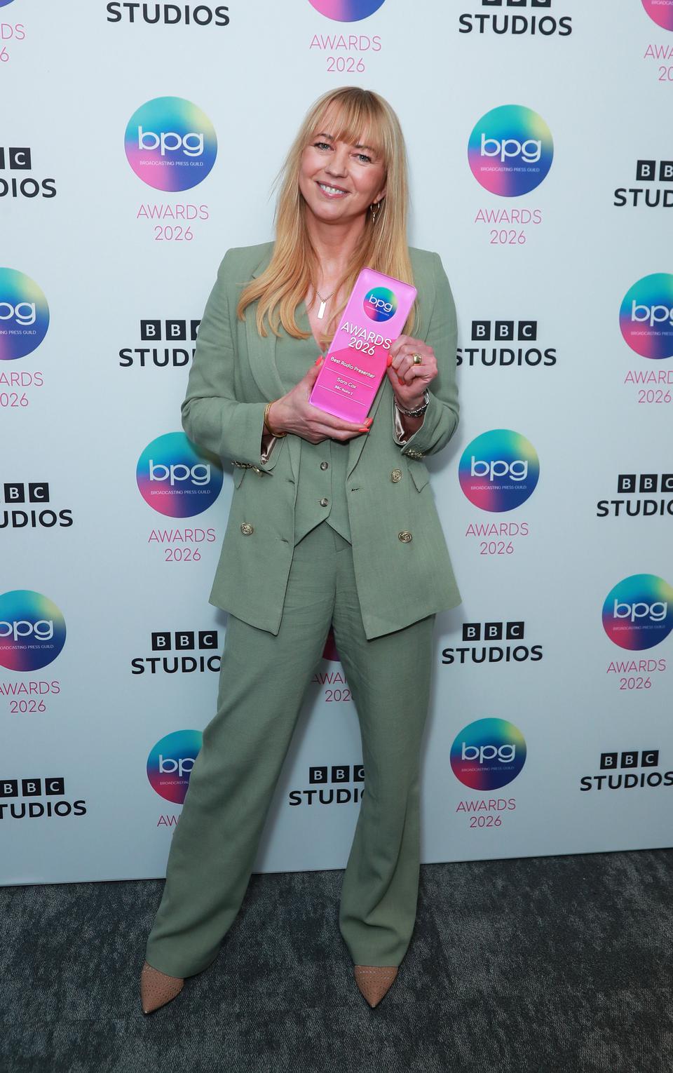 LONDON, ENGLAND - MARCH 18: Sara Cox winner of the Best Radio Presenter award at the Broadcasting Press Guild Awards 2026 at The Barbican on March 18, 2026 in London, England. 

Pic Credit: Dave Benett
