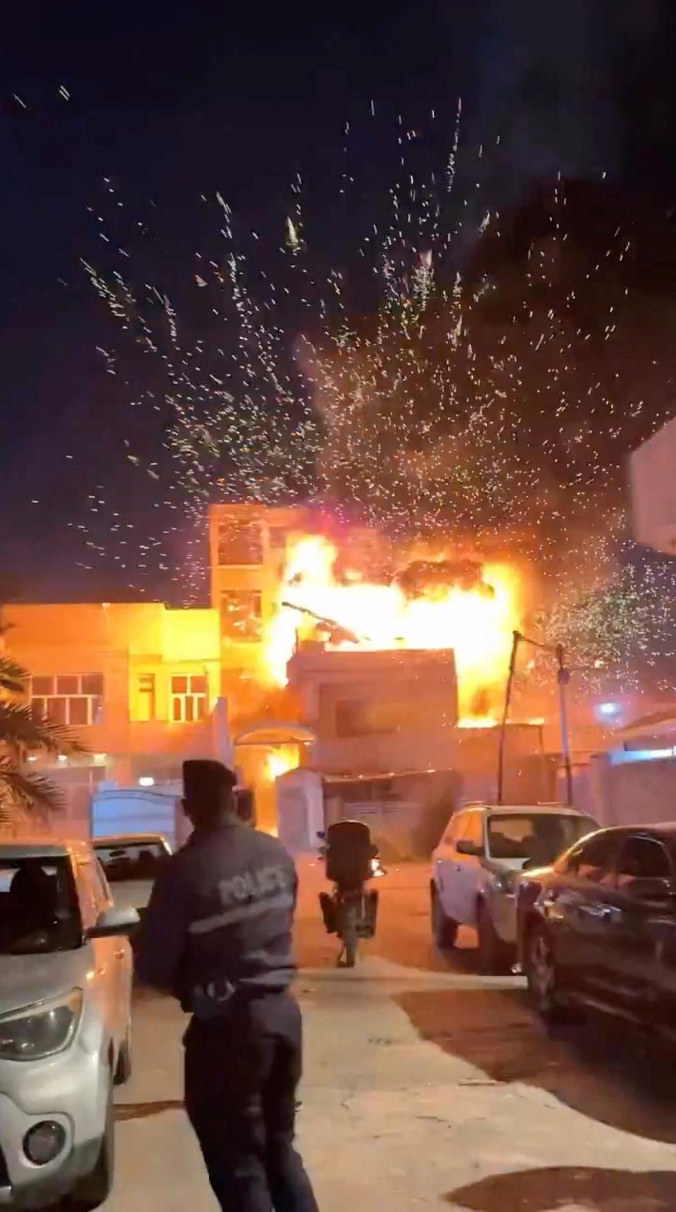 Aftermath of multiple airstrikes and rockets were fired, in Baghdad