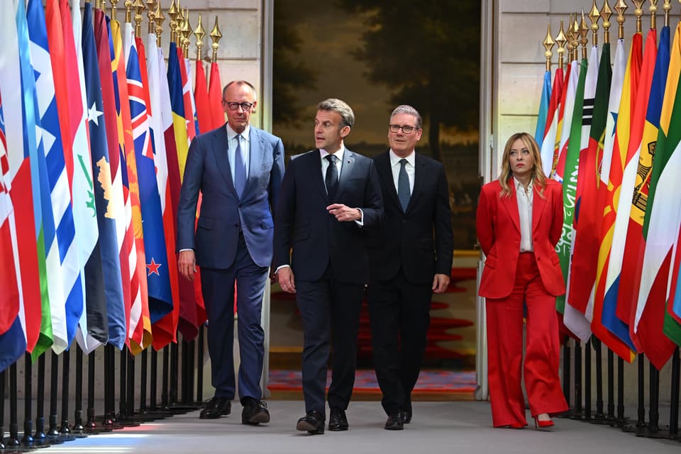 (left to right) German chancellor Friedrich Merz, French President Emmanuel Macron, Prime Minister Sir Keir Starmer and Italian Prime Minister Giorgia Meloni during a meeting at the Elysee Palace, Paris, France, to build a multinational coalition to facilitate shipping in the Strait of Hormuz once the US-Iran war ends. Picture date: Friday April 17, 2026.