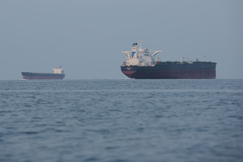 Tankers anchored in the Strait of Hormuz off the coast of Qeshm Island, Iran (Asghar Besharati/AP)
