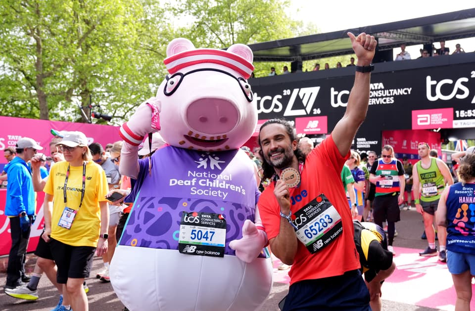 <p>Joe Wicks and Daddy Pig after finishing the 2026 TCS London Marathon. Picture date: Sunday April 26, 2026.</p>