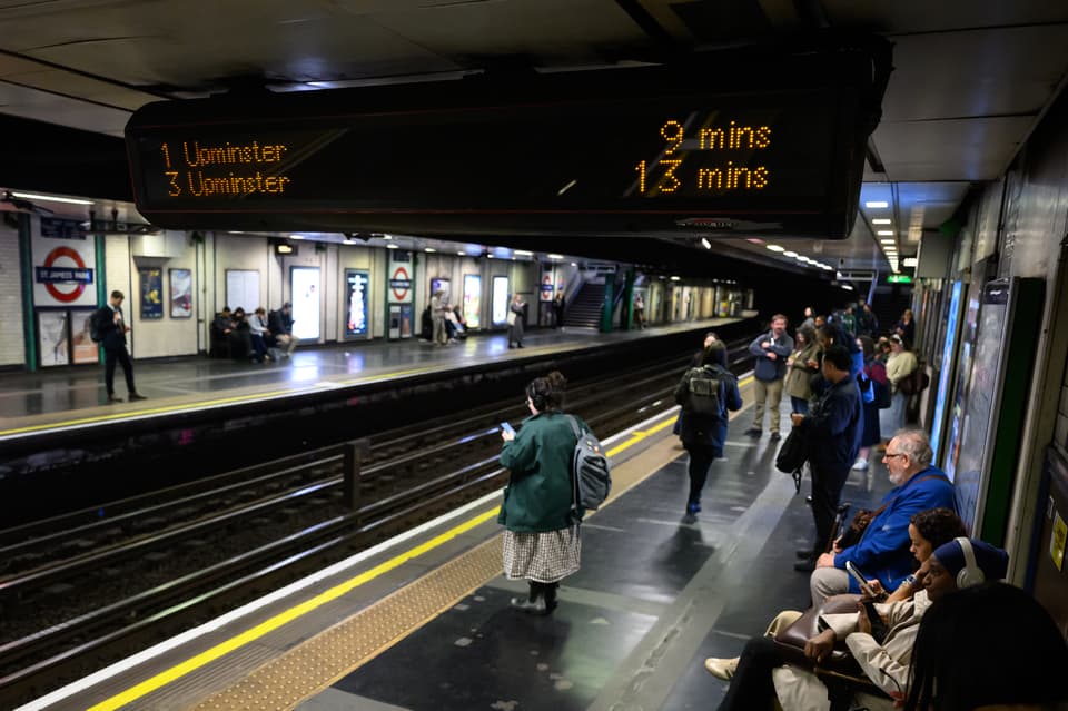 LONDON, ENGLAND - APRIL 21: Electronic signage warns of lengthy waits in between trains as a strike by the RMT union begins on April 21, 2026 in London, England. A series of 24-hour strikes by London Underground workers begins today, causing widespread disruption to the city's transport system. Members of the Rail, Maritime and Transport (RMT) union recently voted for strike action in relation to a plan for a 4-day work week, citing concerns about shift lengths, working time arrangements and the impact of fatigue on safety.  (Photo by Leon Neal/Getty Images)
