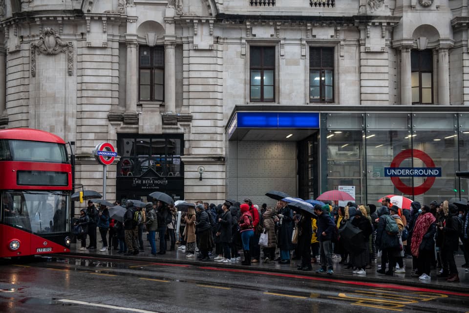 <p>LONDON, ENGLAND - MARCH 01: Commuters wait in long queues for buses at Victoria Train station as the underground is shut down due to strikes on March 1, 2022 in London, England. The Rail, Maritime and Transport (RMT) union said its members were solidly supporting the industrial action with picket lines mounted outside tube stations. Another 24-hour walkout is planned for Thursday as The RMT fears spending cuts will lead to hundreds of job losses and reductions in pensions and working conditions. (Photo by Chris J Ratcliffe/Getty Images)</p>