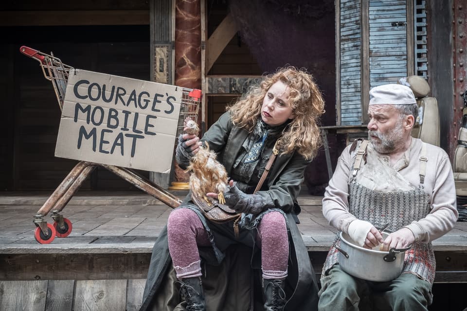 Michelle Terry as Mother Courage and Nicolas Tennant as Chef in Mother Courage and Her Children at Shakespeare's Globe