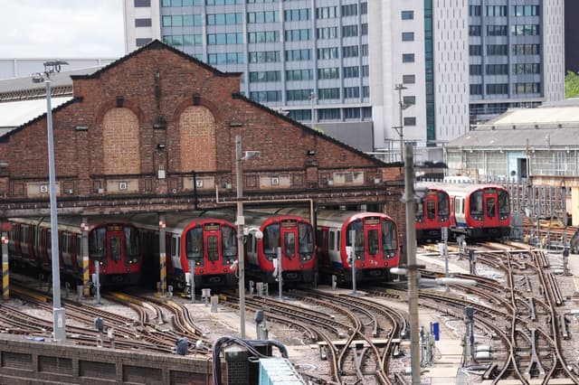 Tube trains parked up at Lillie Bridge Depot in London, as London Underground drivers go on strike over a Transport for London's (TfL) voluntary proposal to allow train operators to move to a compressed four-day week. Picture date: Thursday June 4, 2026.