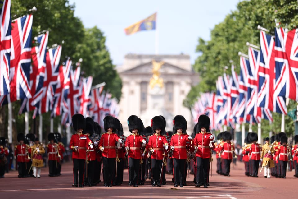 Grenadier Guards marching down The Mall towards the Horse Guards ahead of the Trooping the Colour ceremony 