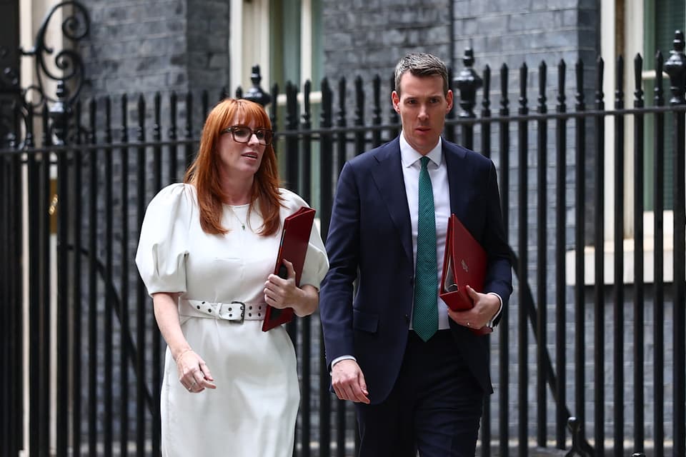 <p>Housing Secretary Angela Rayner walks with housing minister Matthew Pennycook as they leave after a Cabinet meeting in Downing Street</p>