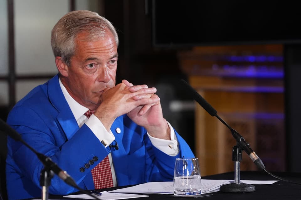 <p>Reform UK leader Nigel Farage during a press conference at Royal Horseguards Hotel, in Westminster</p>