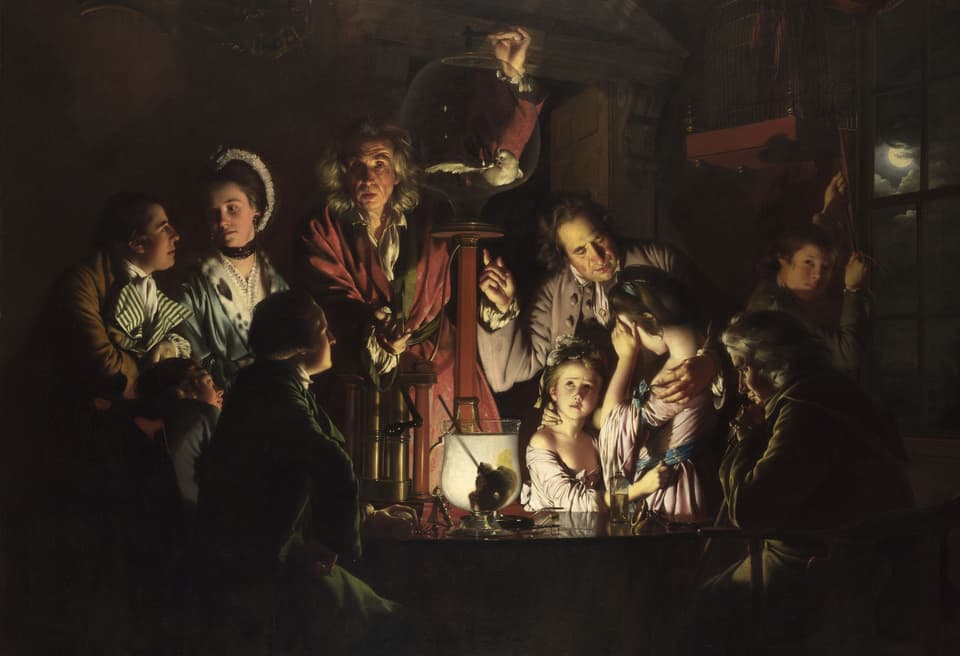 Painting by artist Joseph Wright: An Experiment on a Bird in the Air Pump (1768)