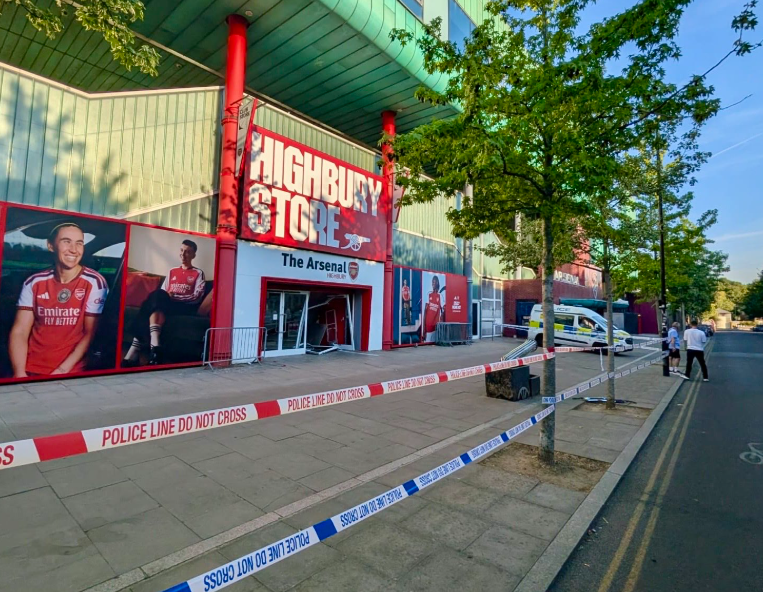 Police hunt for suspects after Arsenal store damaged in late night raid