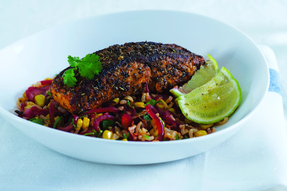 Al desko: blackened salmon with charred corn and mixed rice salad | London Evening Standard