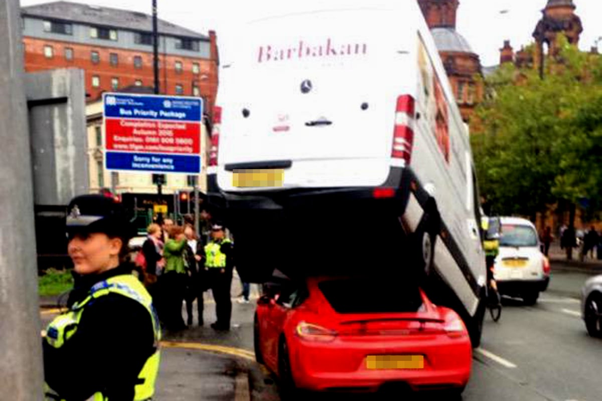 Pictured: Porsche crushed under bakery delivery van during morning rush hour | London Evening Standard