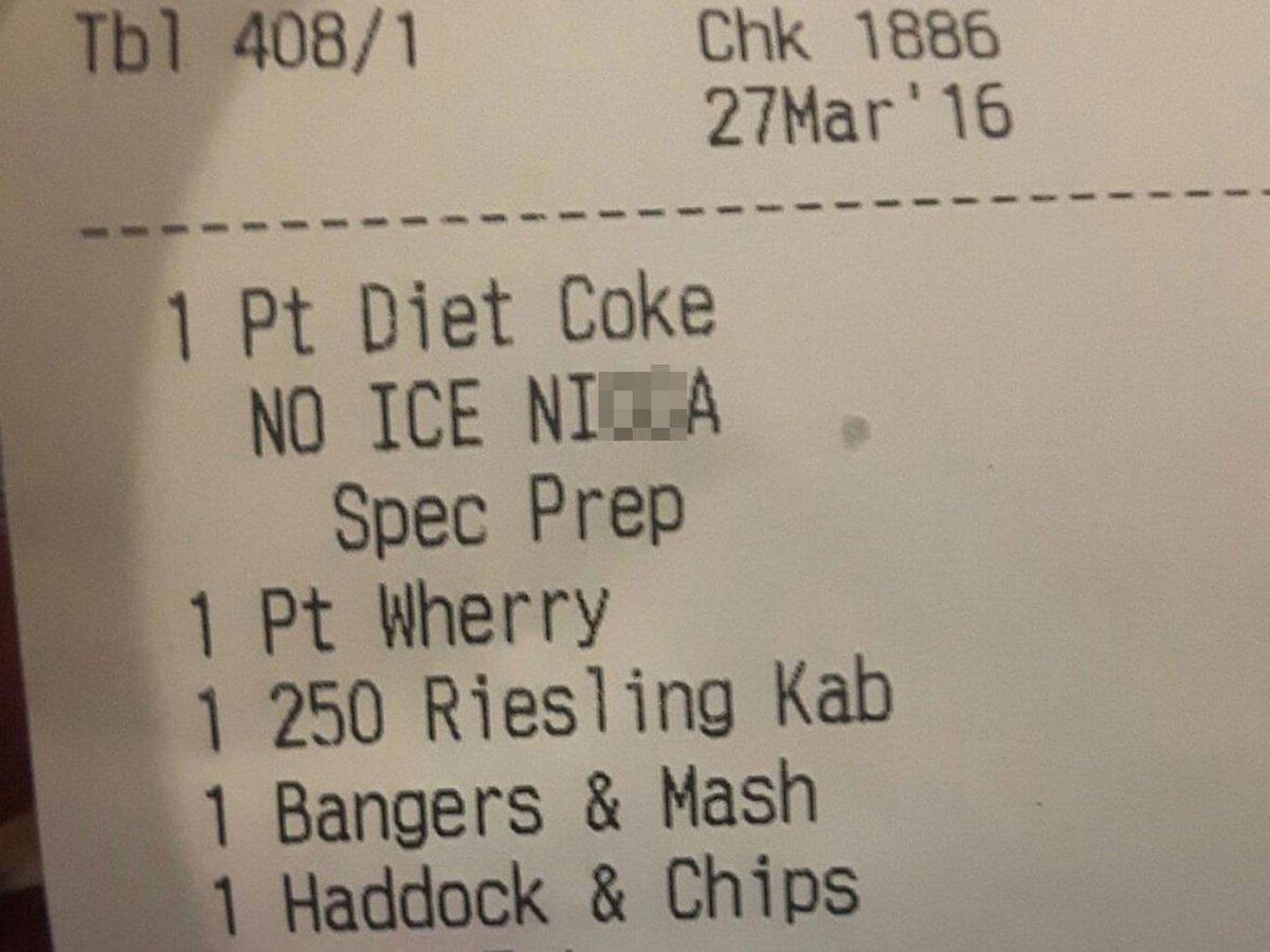 Restaurant apologises after 'appalling' racial slur appears on diner's bill | London Evening Standard