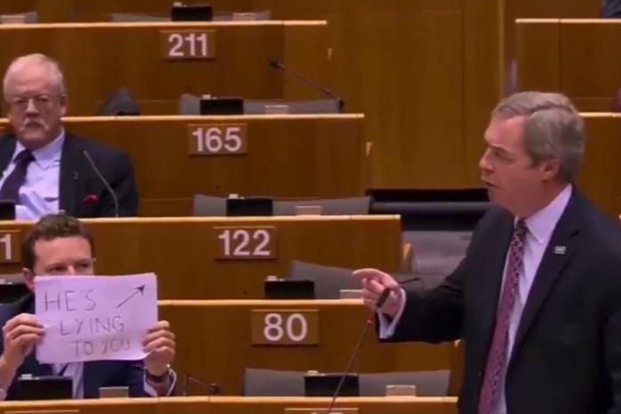 'No regrets', says MEP after mocking Nigel Farage with sign | London Evening Standard