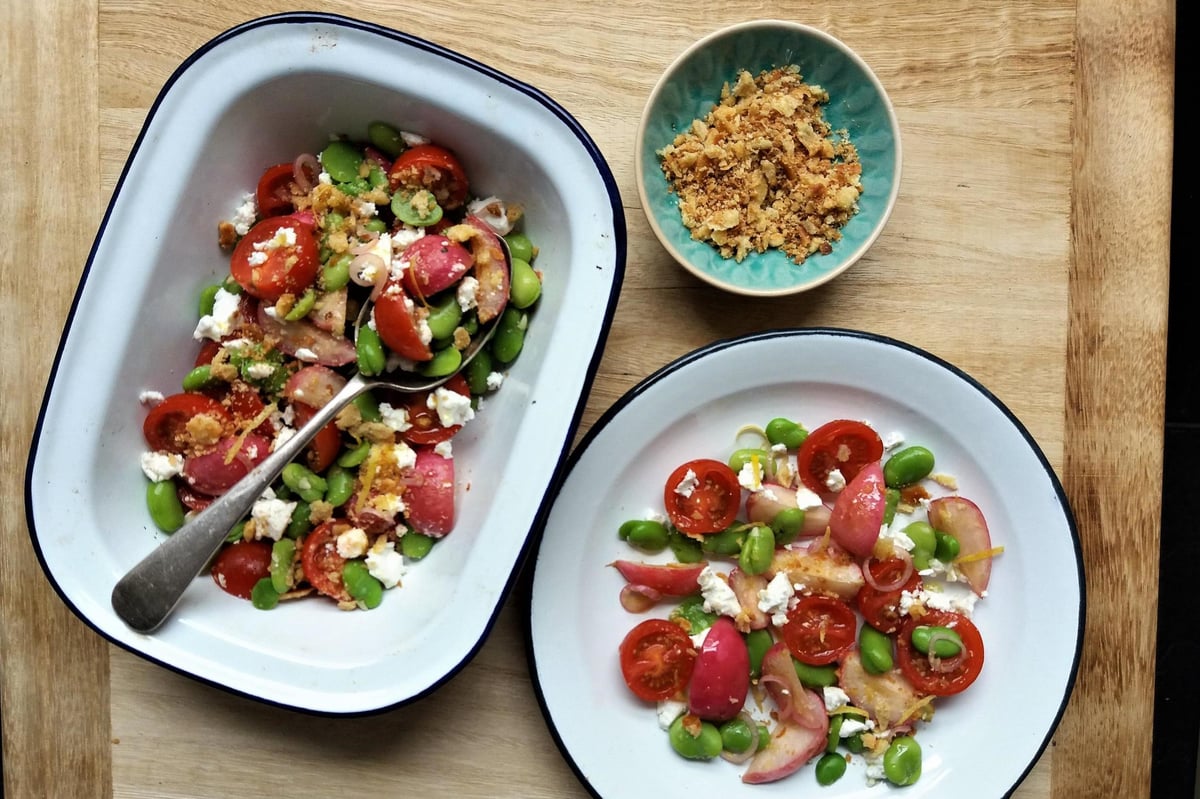 London lunch box: Broad beans with radishes, tomatoes, feta and brioche crumb | London Evening Standard
