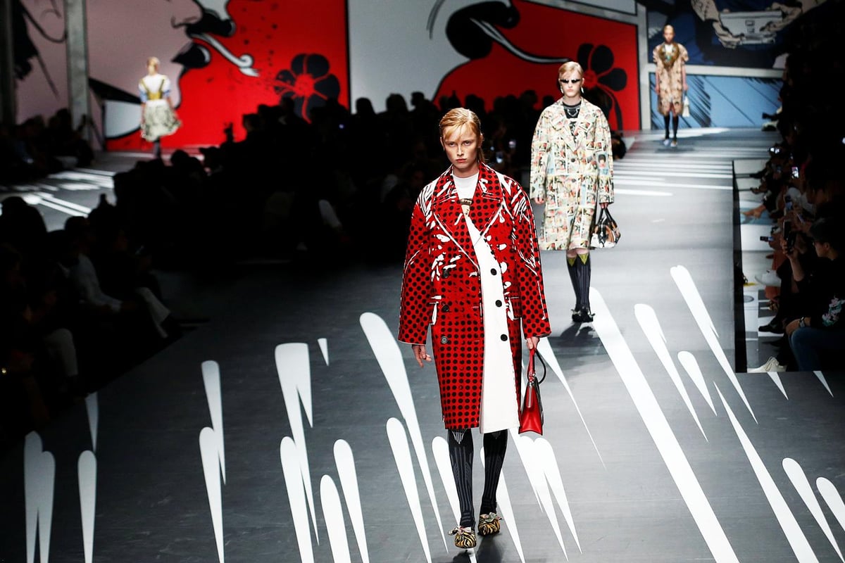 Prada showcases fearless but feminine collection at Milan Fashion Week on catwalk lined with comic strips | London Evening Standard