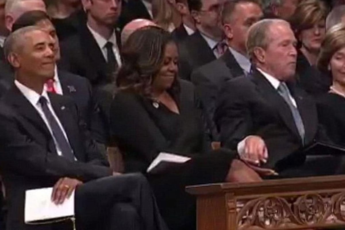 Touching moment George W Bush sneaks a piece of candy to Michelle Obama at John McCain's memorial service | London Evening Standard