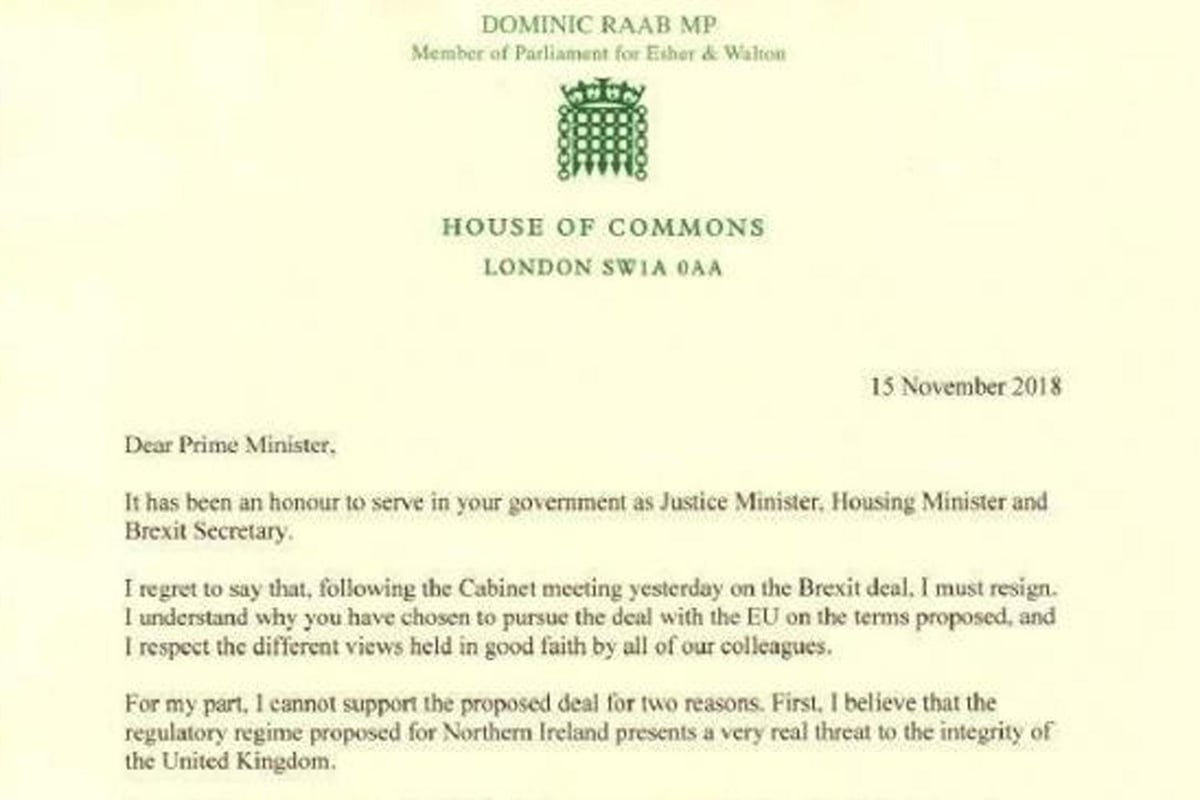 Dominic Raab resignation letter: Brexit Secretary’s statement in full after quitting over Theresa May’s agreement | London Evening Standard