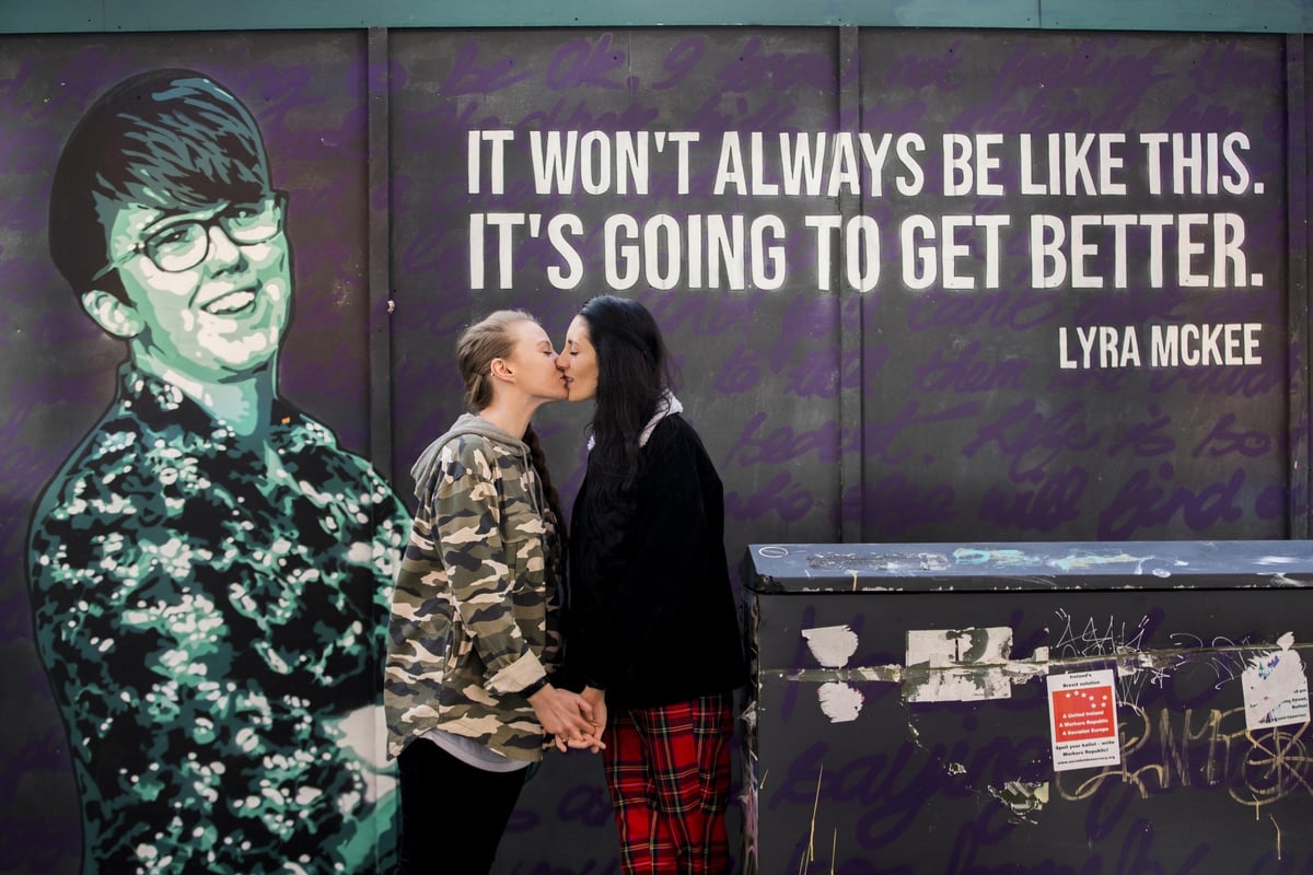 Couple set for first same-sex marriage in Northern Ireland visit Lyra McKee mural in Belfast | London Evening Standard
