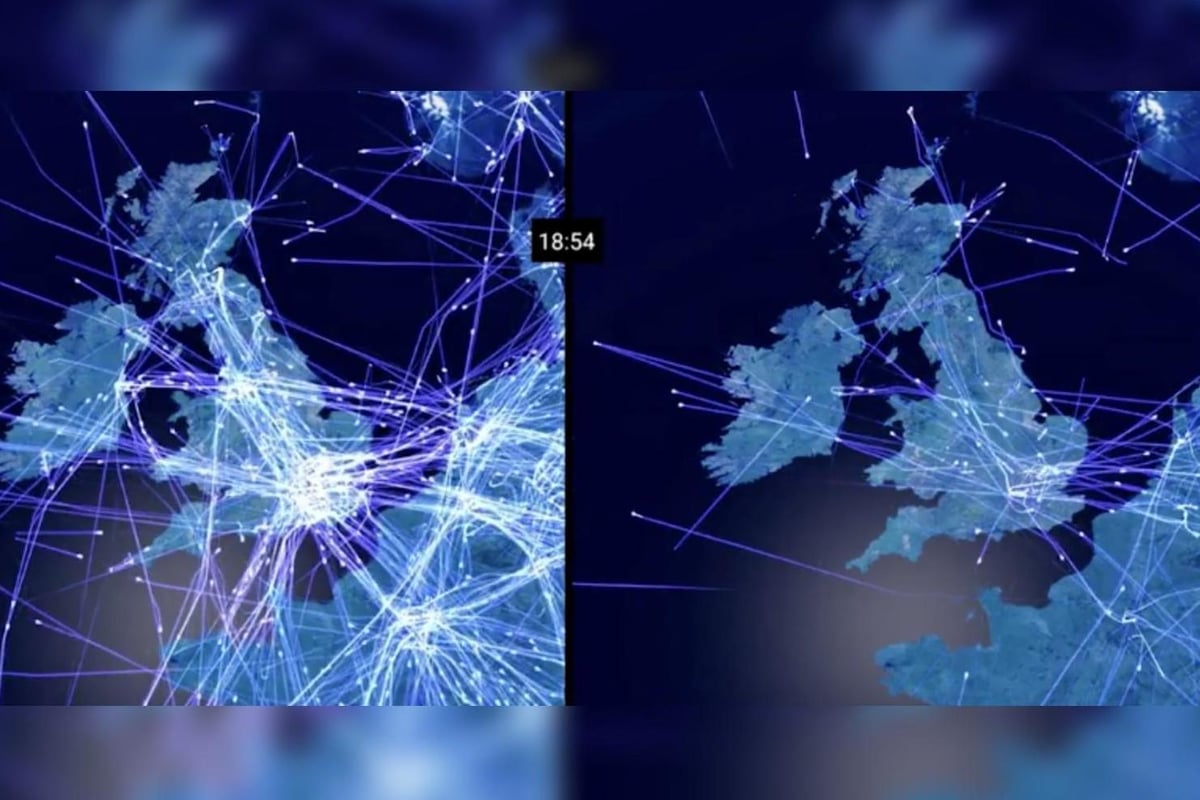 Striking video shows 77% drop in UK air traffic compared to last year as coronavirus grounds flights | London Evening Standard