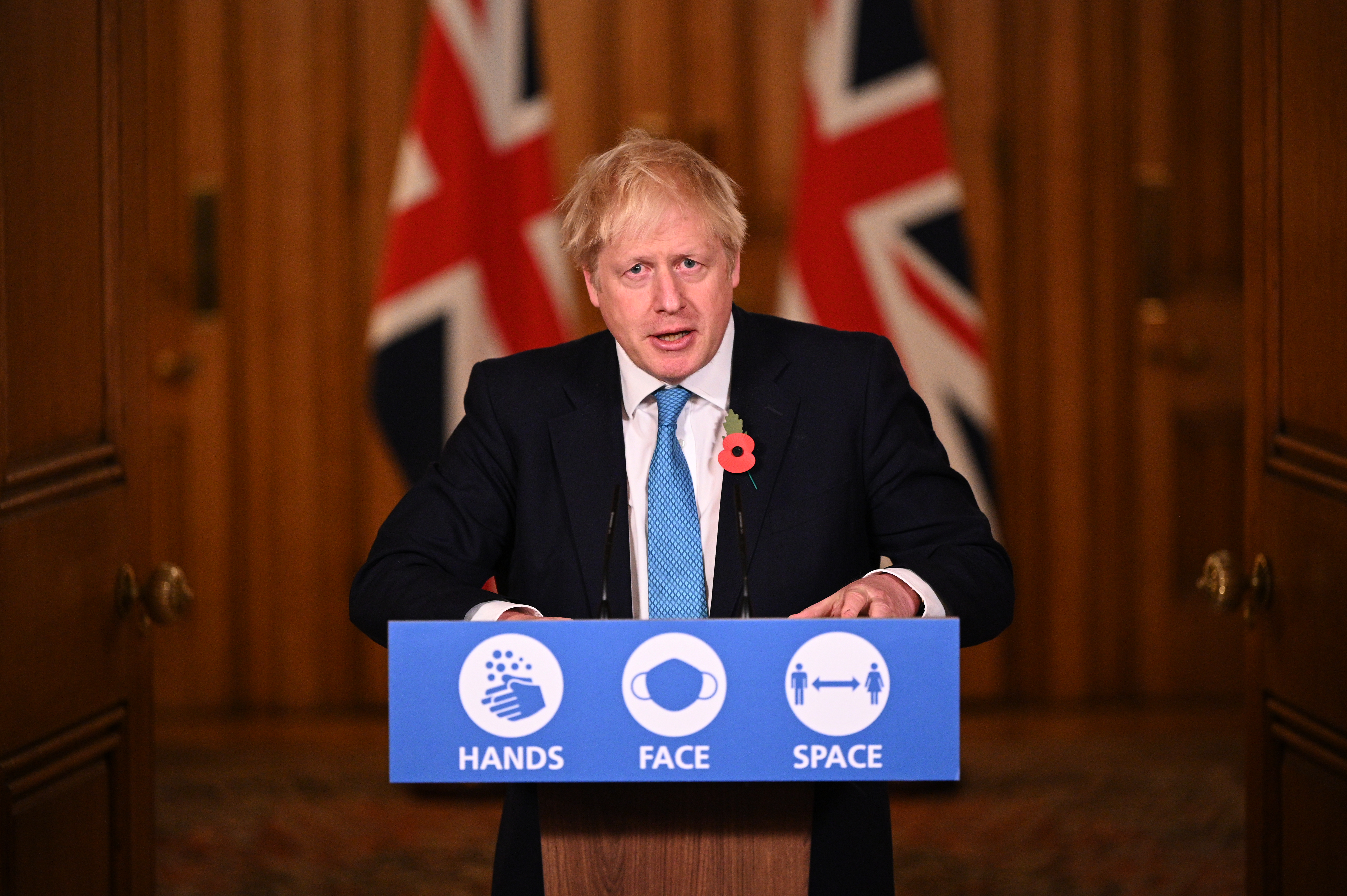 Boris Johnson Holds First Press Conference Of Second Coronavirus Lockdown