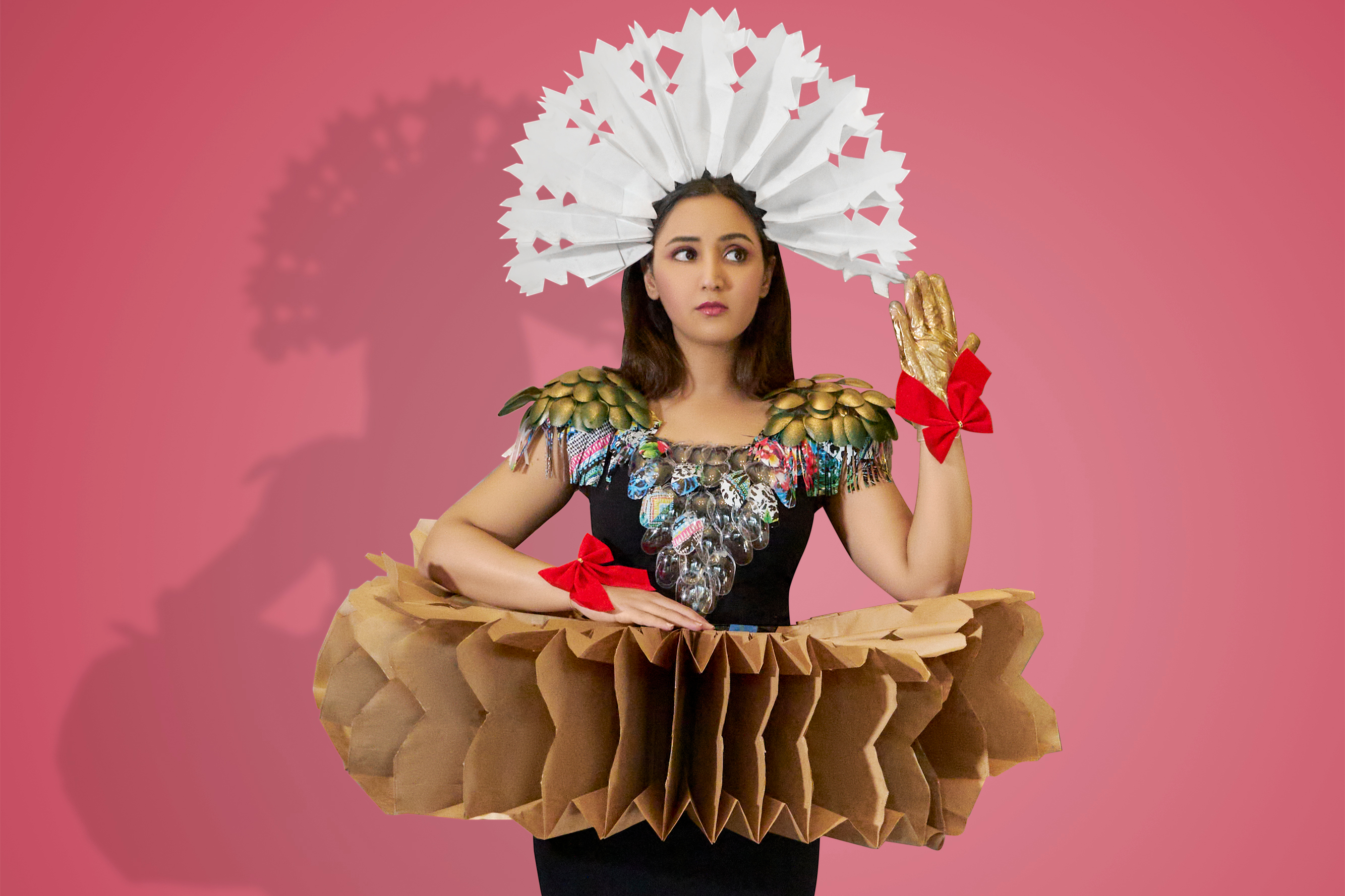 Hana Amer wears a recycled Christmas costume