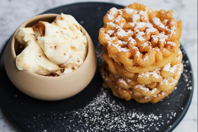 Ramadan recipes: Marwa Alkhalaf’s zulubia with yoghurt mousse, sour cherry and spiced rose sugar