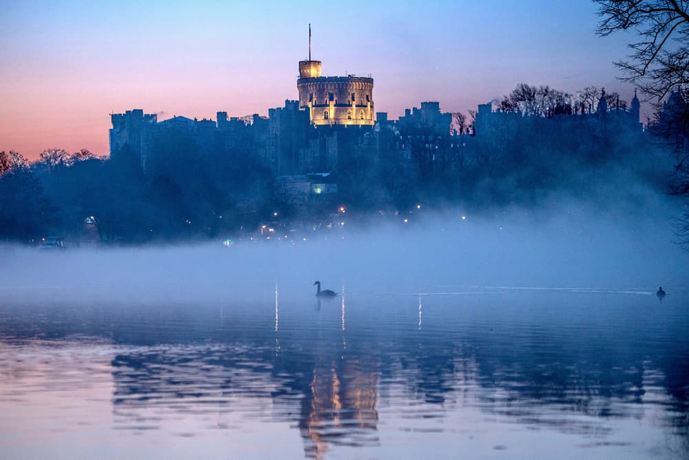 Mist over the Thames at Windsor castle the day before the funeral of the Duke of Edinburgh.