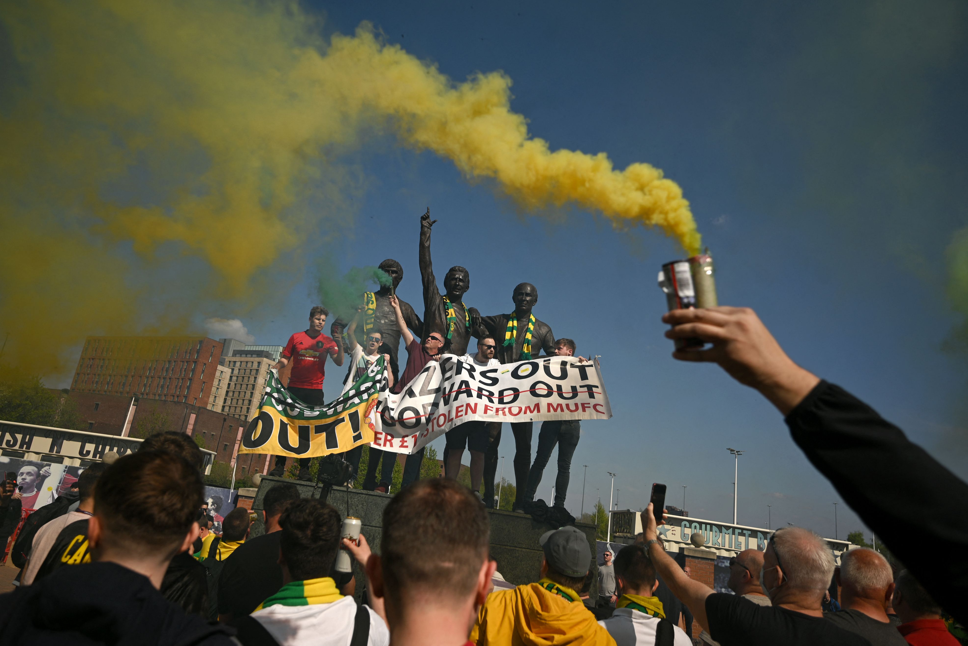 Manchester United FC fans protest outside Old Trafford over Glazers’ ownership and European Super League