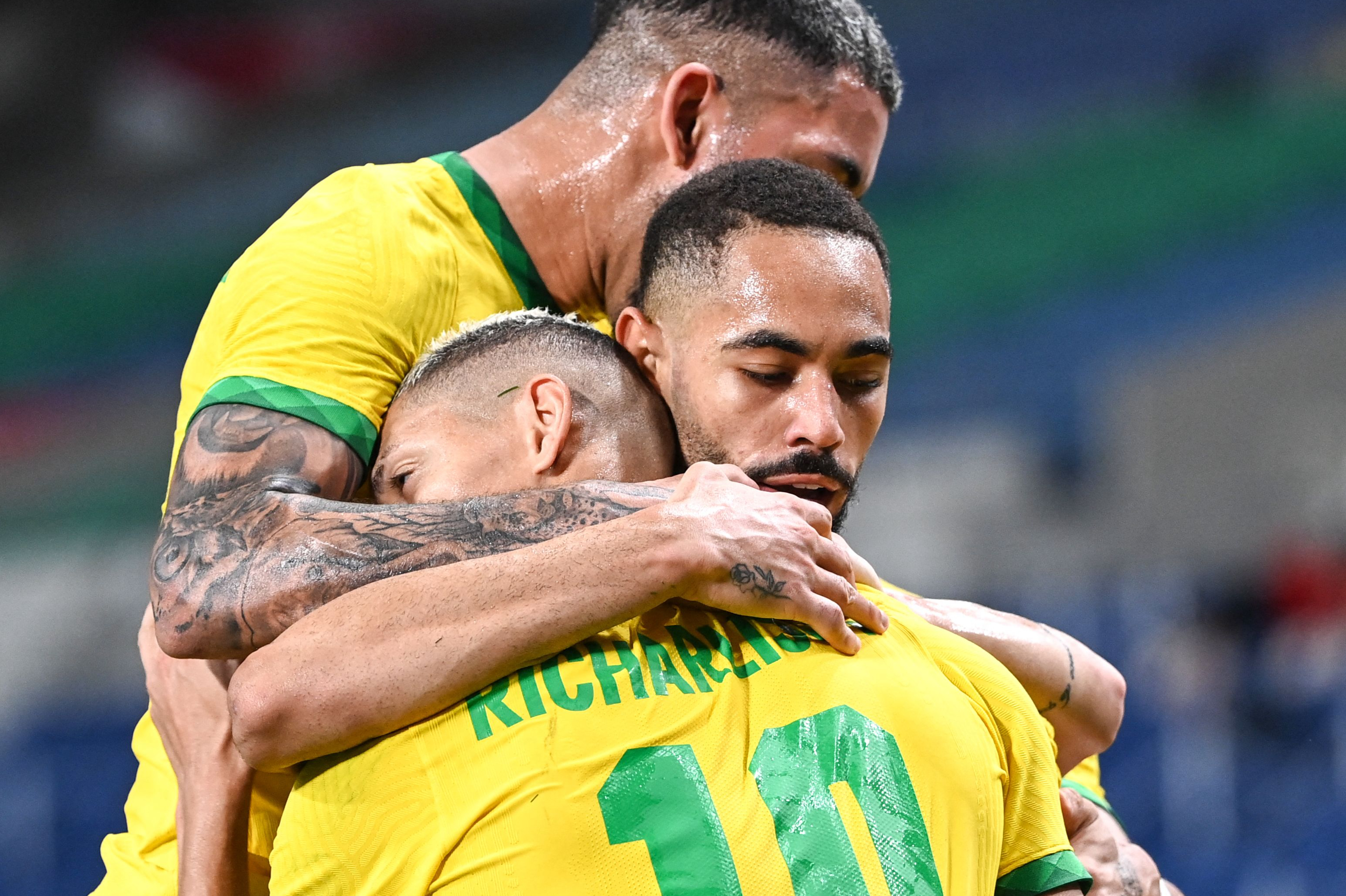 Brazil celebrate a goal against Egypt