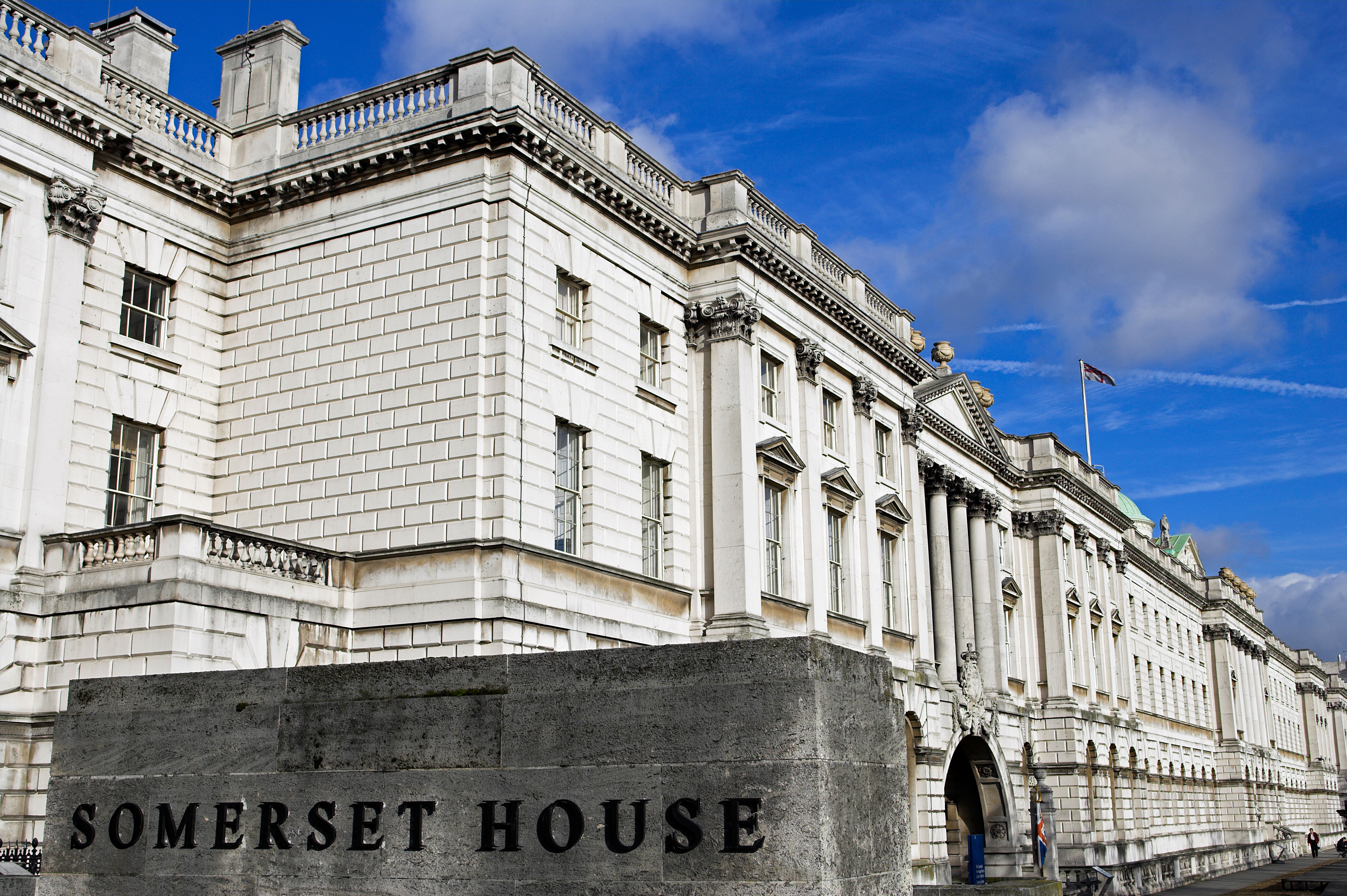 England, London. Somerset House - the central block of the Neoclassical building, the outstanding project of the architect Sir William Chambers, dates from 1776u1796. It was extended by classical Victorian wings to north and south. It now houses the head