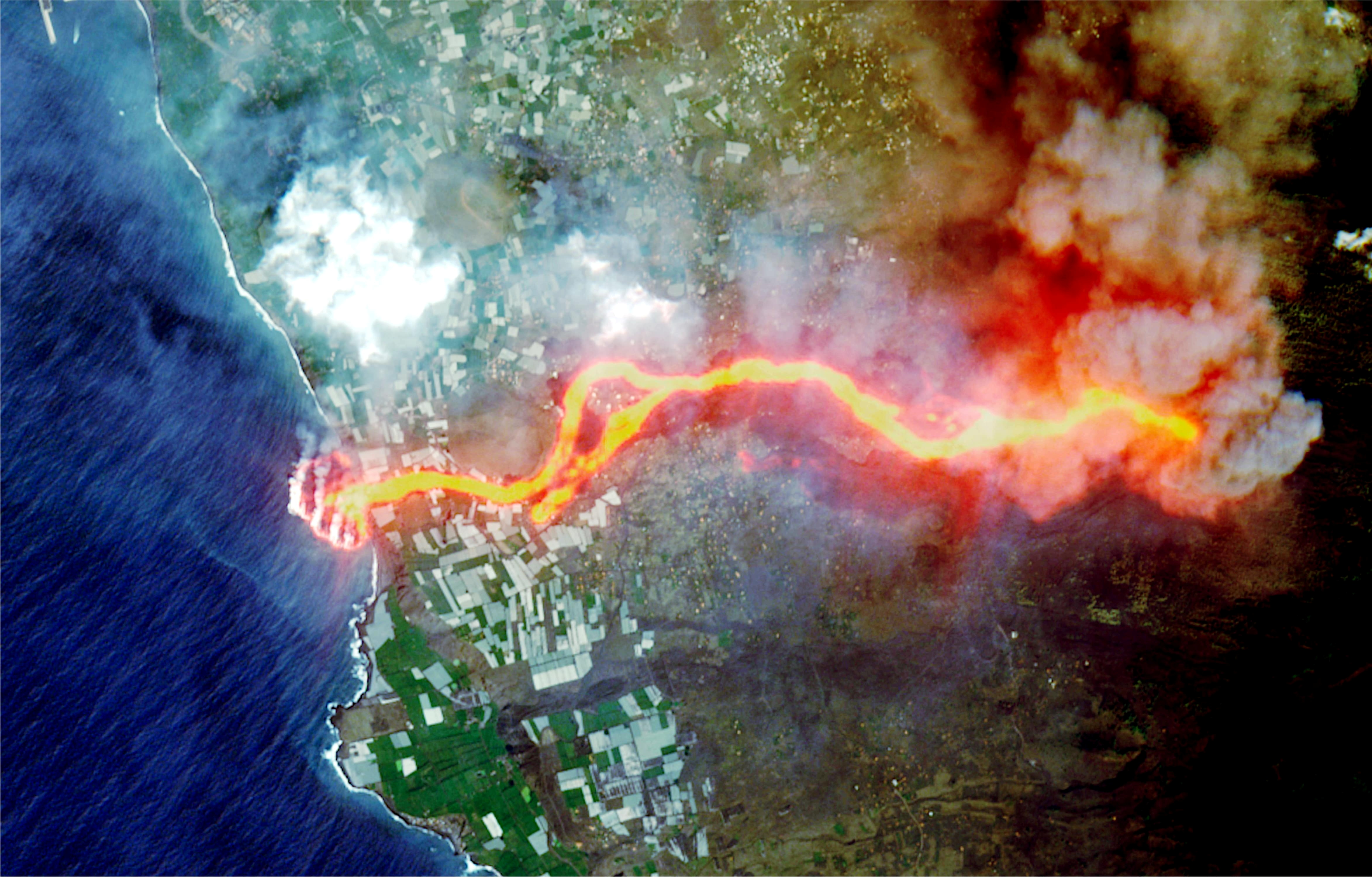 Satellite picture of lava flow following the eruption of a volcano on the island of La Palma
