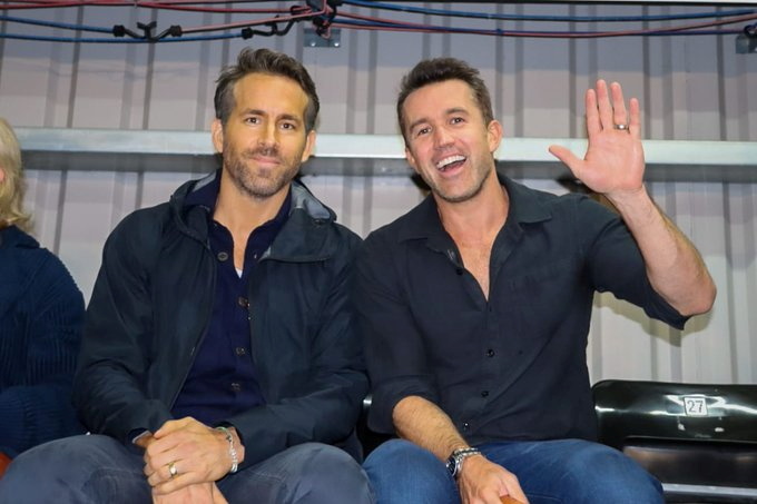 Welsh soccer club Wrexham's Hollywood star co-owners Rob McElhenney and Ryan Reynolds attend their match against Maidenhead United at York Road in Maidenhead