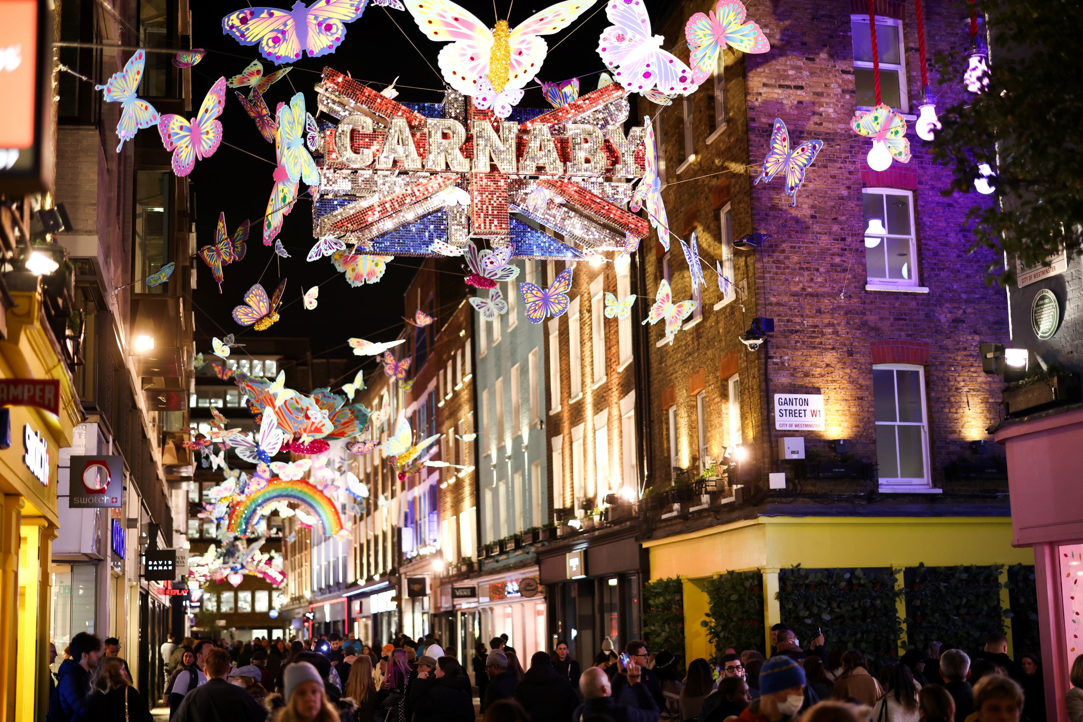 Carnaby Street is seen decorated during the 'Carnaby Christmas Kaleidoscope' installation in central London