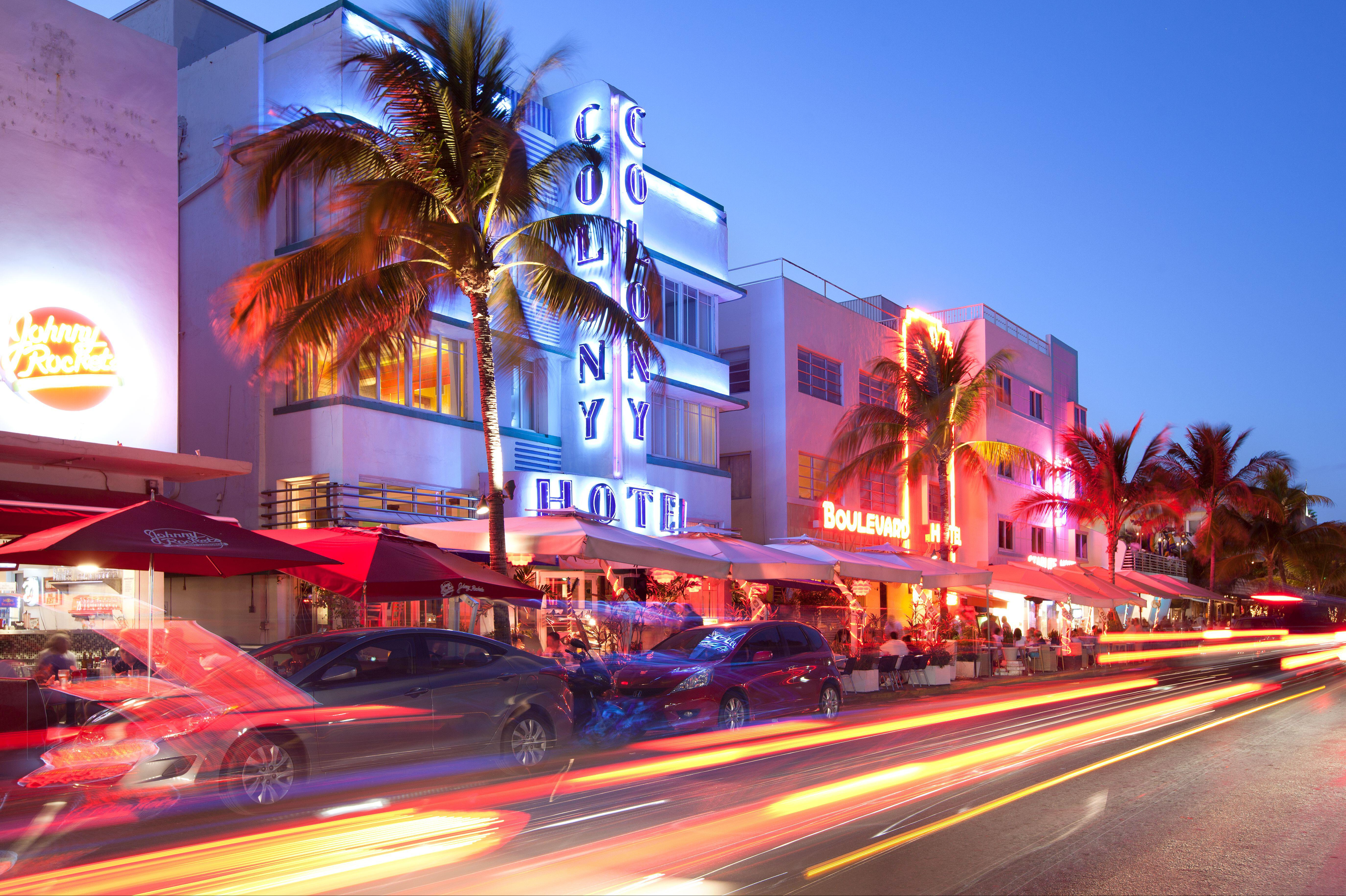 South Beach, Miami, Florida, United States - Hotels, bars and restaurants at Ocean Drive in the famous Art Deco district.