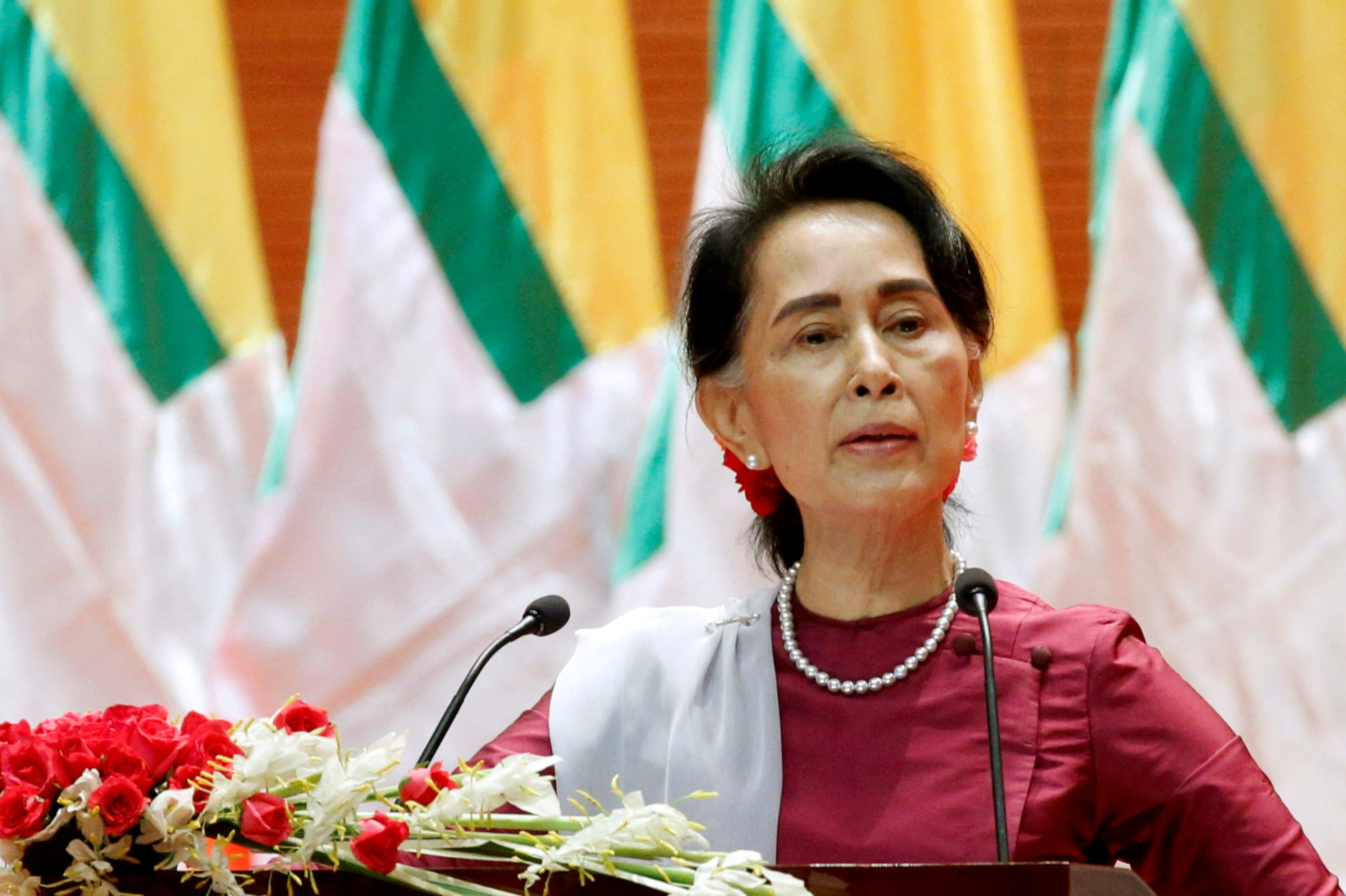 FILE PHOTO: Myanmar State Counselor Aung San Suu Kyi delivers a speech to the nation over the Rakhine and Rohingya situation in  Myanmar