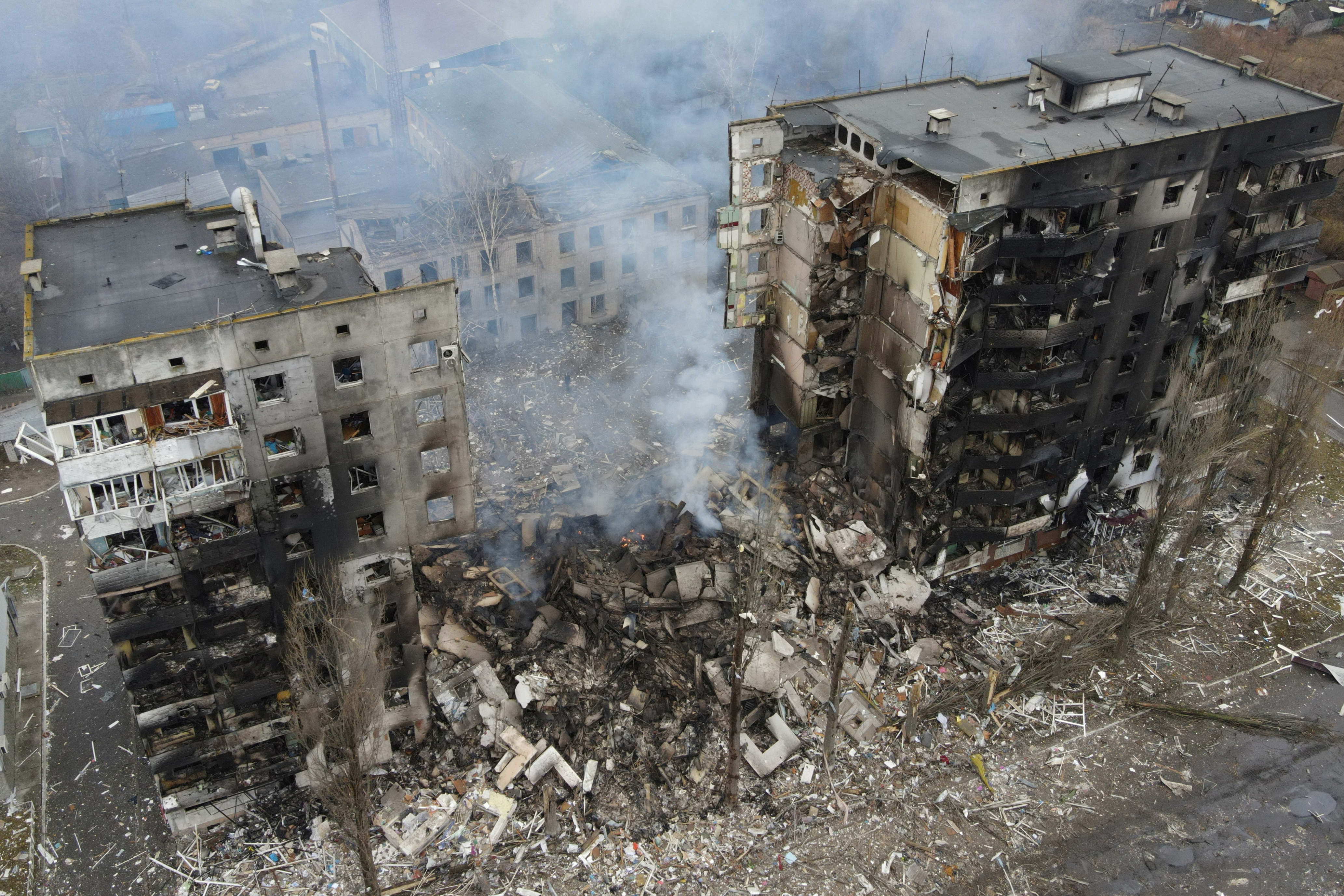 An aerial view shows a residential building destroyed by shelling in Borodyanka
